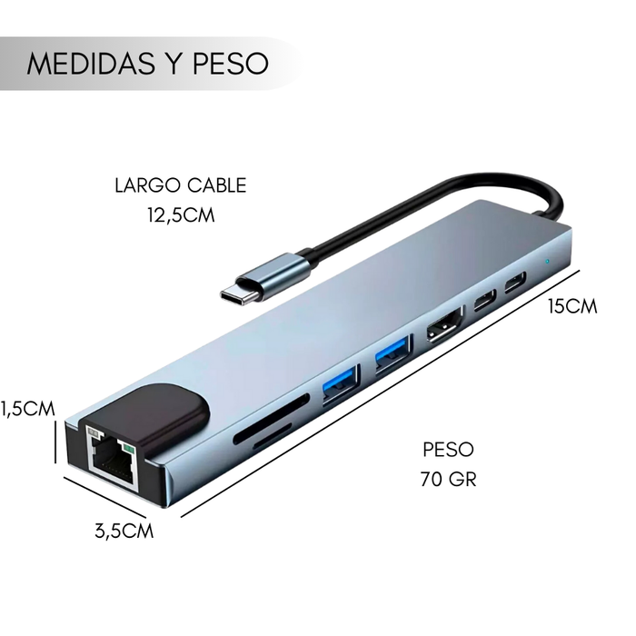 Hub Adaptador Usb Tipo C 8 En 1 Para Mac Macbook Windows