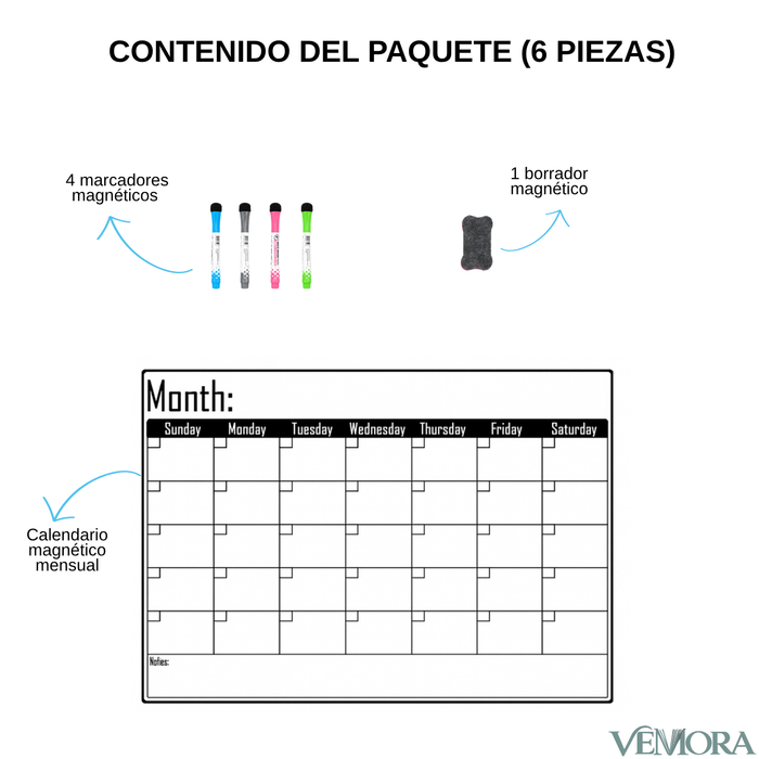 Pizarra Calendario Mensual Magnética Para Refrigerador con Marcadores y Borrador