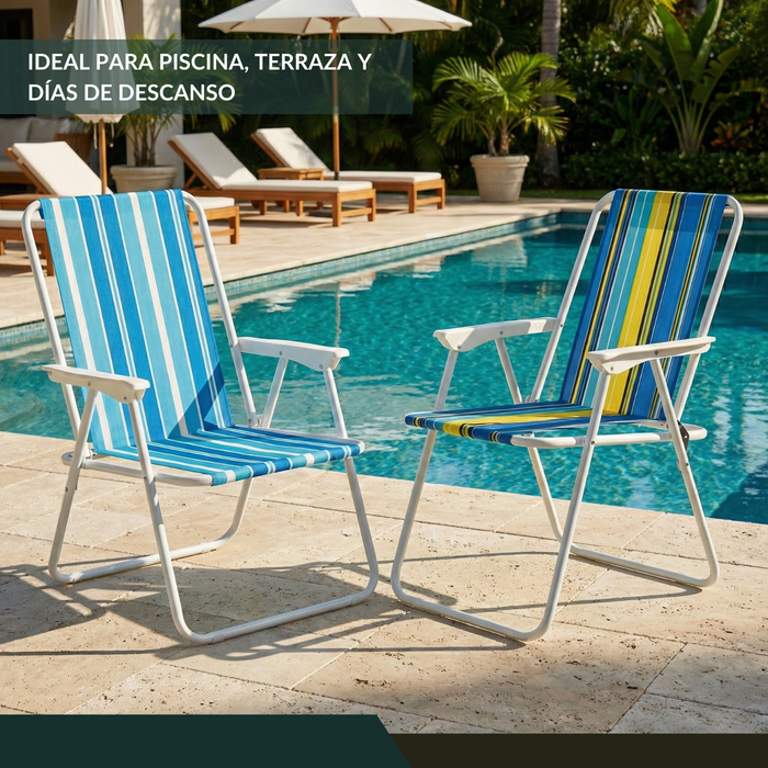 Pack X2 Silla Camping Plegable Playa Piscina Portátil Azul Y Amarilla