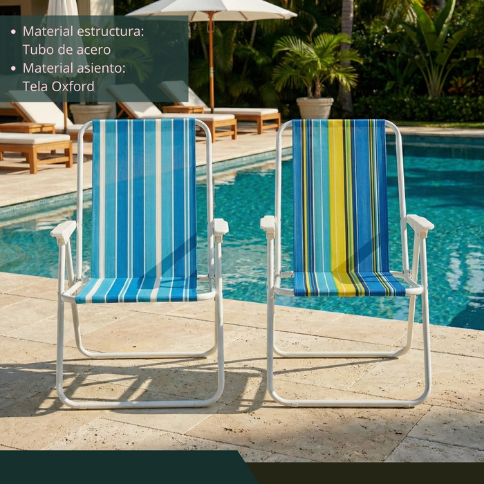 Pack X2 Silla Camping Plegable Playa Piscina Portátil Azul Y Amarilla
