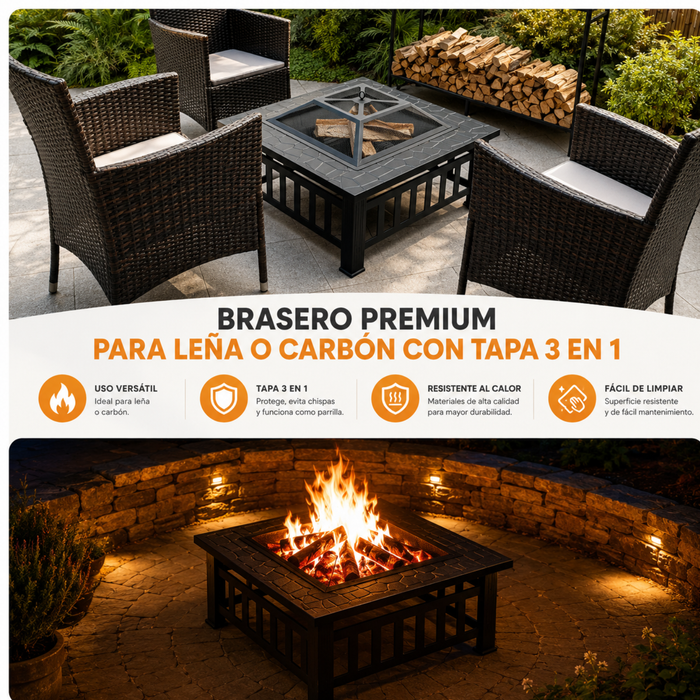 Brasero Parrilla Premium Para Leña O Carbón Con Tapa 3 En 1