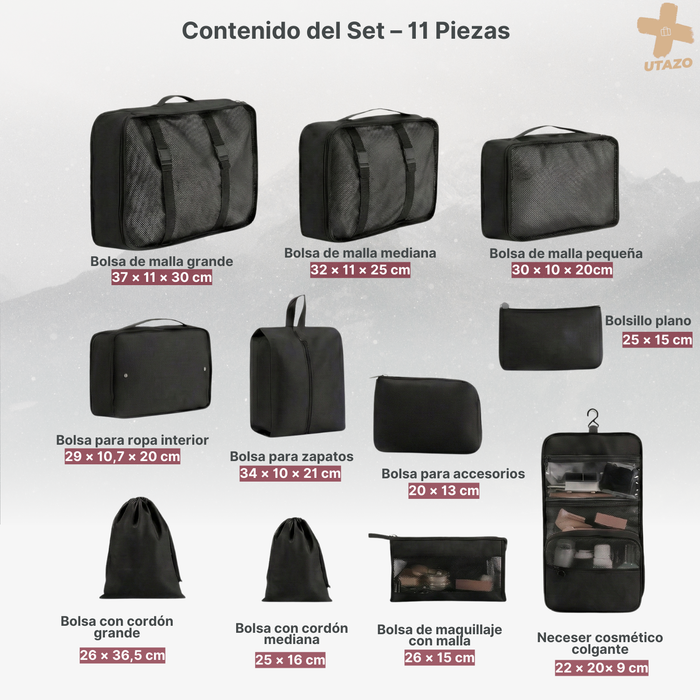 Set 11 Organizador Maleta Bolsos Viaje Organizadores Utazo® Negro