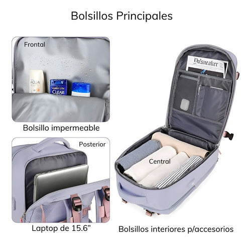 Mochila Cabina Bolso Mujer Viaje Avion 20lt Puerto Usb Utazo