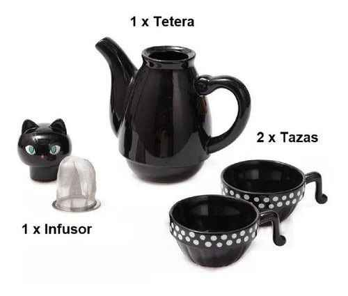 Set Tetera Gato Infusor + 2 Tazas Mug Gatos