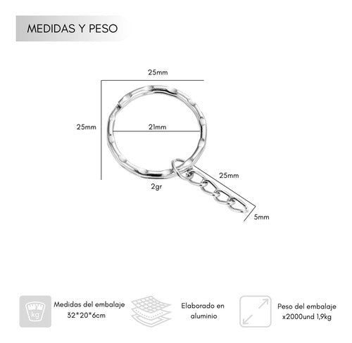 Argollas Para Llavero A92 25mm Con Cadena C/ Plateado 2000un