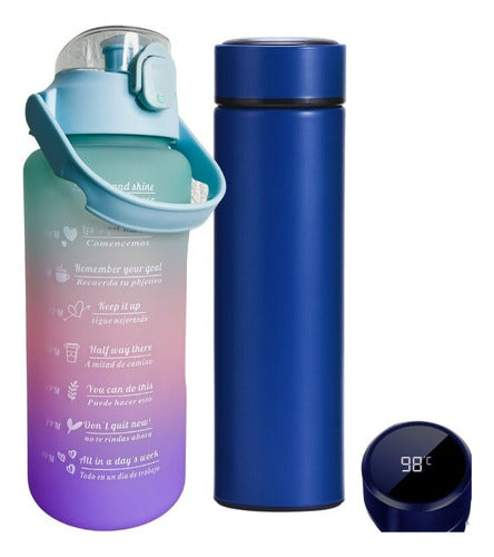 Botella Motivacional Medidor 2 Litros + Vaso Térmico Inteligente 500 ml