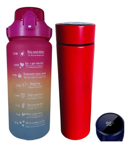 Botella Motivacional Medidor 2 Litros + Vaso Térmico Inteligente 500 ml