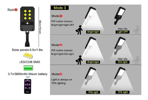 Foco Solar Led 6cob Ip65 c/sensor 3 modos + Soporte + Control