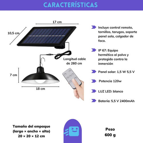 Lámpara de Techo Colgante Foco Solar Led 120w Plafón + Control Ip67